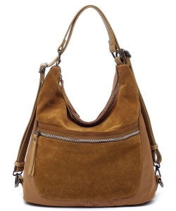 Real Suede Microfiber Convertible Shoulder Bag Backpack CJF118 BROWN